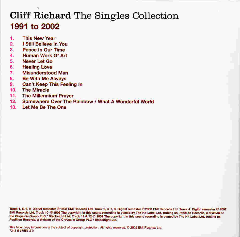 Cliff Richard  The Singles Collection 1991 To 2002 : Back